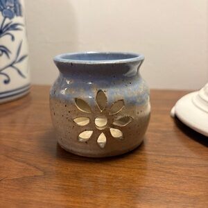 Vintage Blue and Brown Handmade in NC Ceramic Vase with Floral Cutout